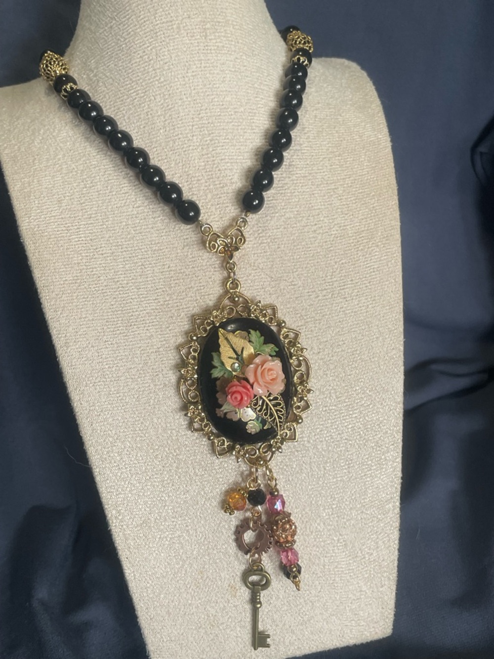 ❌❌SOLD❌❌Victorian-Style ‘1928’ Black Bead Necklace with Floral Cameo Pendant
